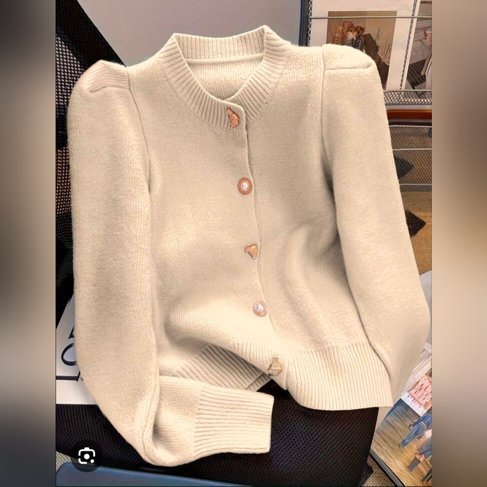 Cream Pearl-Button Crewneck Cardigan Sweater